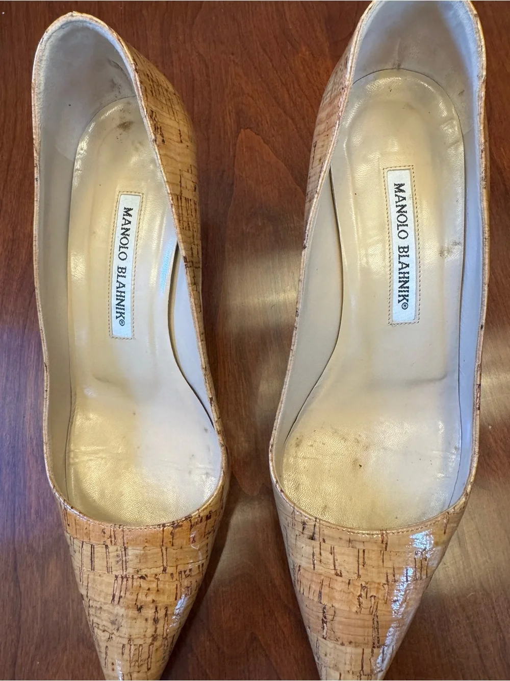 Manolo Blahnik Cork-Textured Pointed-Toe Pumps in Light Tan